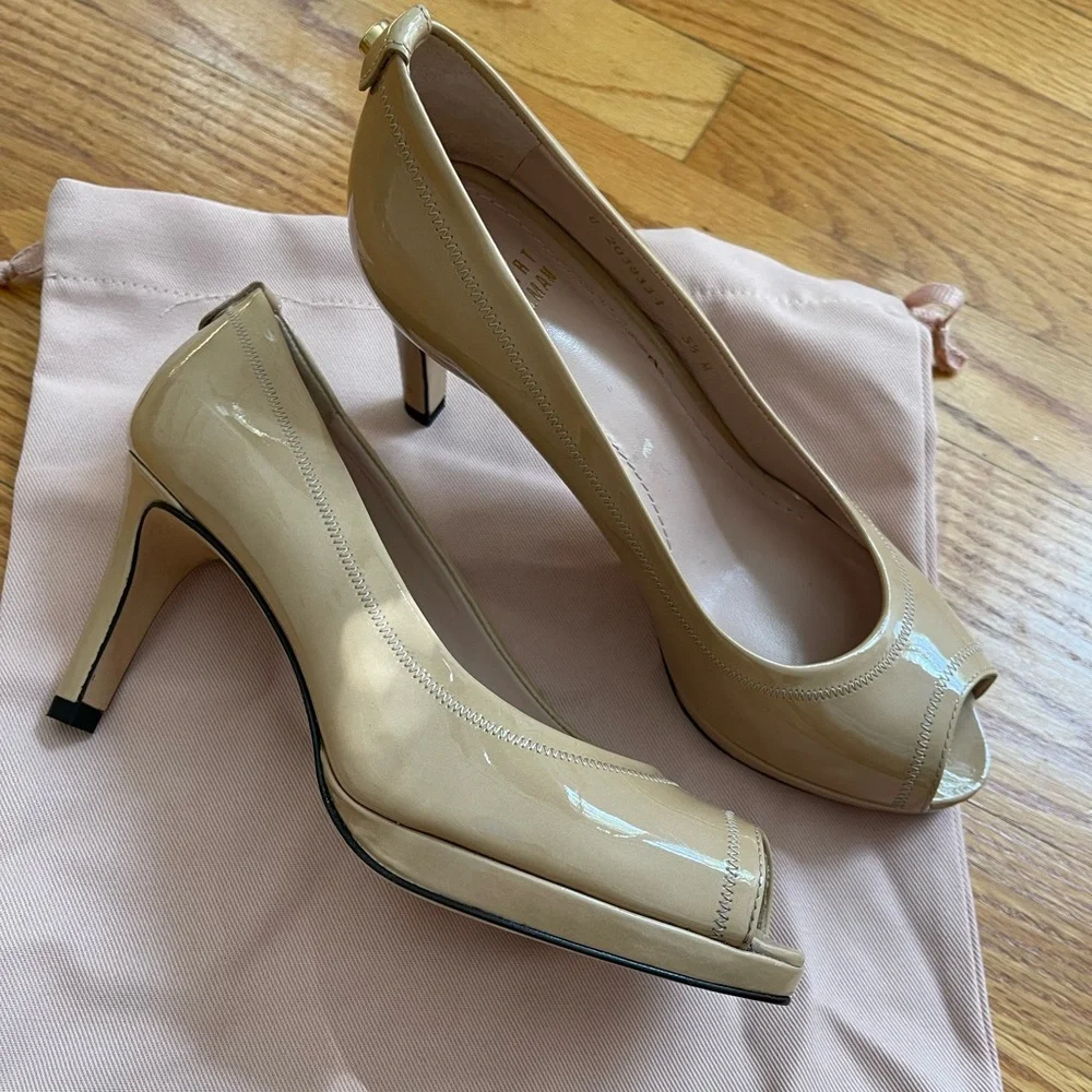 Stuart Weitzman Nude Patent Leather Open Toe Heels size 6 - Picture 2 of 13